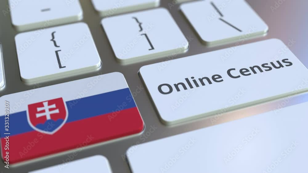 Poster online census text and flag of slovakia on the keyboard. conceptual 3d animation