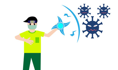 A man wearing a mask confronts the corona virus with his strength, vector illustration.