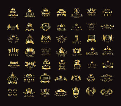 Golden Hotel Luxury Logo Set - Isolated On Black Background, Vector.Icons Collection Of Golden Hotel Logo, Emblem And Label.Useful For Badge,Seal And Design Template.Vector Illustration Of Luxury Logo
