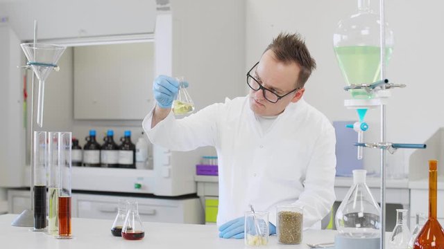 Chemist working with hemp CBD oil in laboratory
