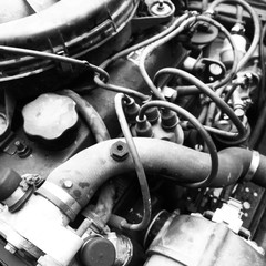 Black and white car engine