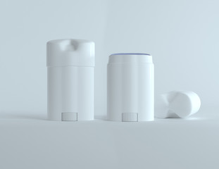 3D isolated white blank body antiperspirant deodorant, open and closed mock up template on isolated white background. 3D Mock up for your design. 3D Rendering.