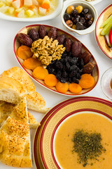Traditional Turkish Ramadan Iftar,Dinner Table With Soup and Ramadan Bread.