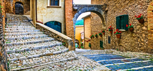 Charming floral streets of old traditional villages in Italy. Casperia, Rieti province