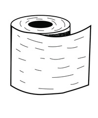 Toilet paper roll drawn in doodle style, black lines white background. Object isolated on white