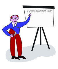 Man gives an idea. With his hand he points to the stand. The object is isolated, drawn in vector, in doodle style.