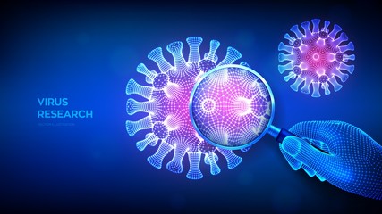 Virus research concept with magnifier in wireframe hand and abstract novel coronavirus bacteria. Magnifying glass and virus cell close up. Coronavirus 2019-nCov. COVID-19. 3D vector illustration.