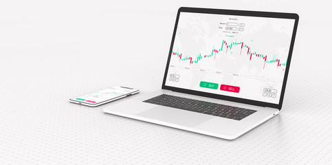 White stock exchange scene with laptop, mobile phone, chart, numbers and SELL and BUY options (3D illustration)