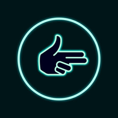 glowing neon vector illustration, fingers folded in the form of a gun. a playful silhouette of a hand with a weapon. a human palm, a stylized logo for the club, a simple icon in the flat style.