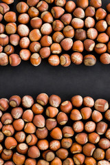 Ripe,shelled hazelnuts on black with copy space.Top view