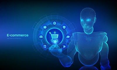 E-commerce. Internet shopping. Online purchase. Business, internet and technology concept ov virtual screen. Add to cart On-line shopping. Robotic hand touching digital interface. Vector illustration.