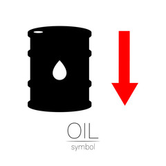 Vector sign of oil. Statistics down, global financial crisis. Black symbol petroleum isolated on white background. Barrel silhouette and spot liguid. Industry of exploration, illustration.