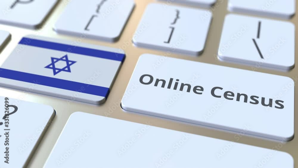 Poster online census text and flag of israel on the keyboard. conceptual 3d animation