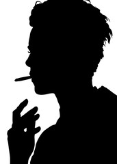 male profile picture, silhouette. From the side with a cigarette in her mouth, between her lips