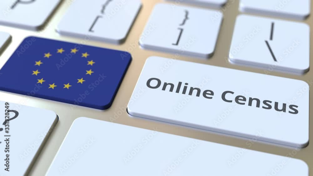 Aufkleber online census text and flag of the european union on the keyboard. conceptual 3d animation