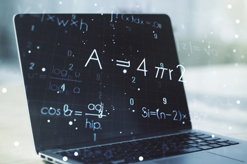 Creative scientific formula concept on modern laptop background. Multiexposure