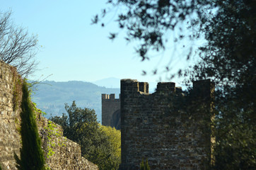 Two turrets and part of the old wall once surrounding Florence. Hills are in the distance, and the sky is clear. © Anne