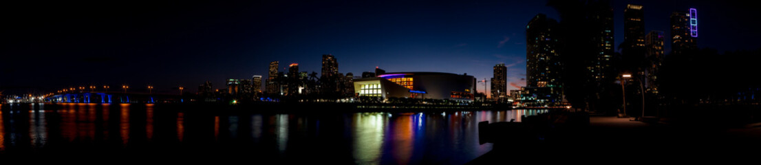 Miami Downtown Skyline and American airlines arena at a beautiful sunset.