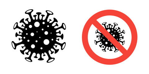 Coronavirus Icon with Red Prohibit Sign, 2019-nCoV Novel Coronavirus Bacteria. No Infection and Stop Coronavirus Concepts. Dangerous Coronavirus Cell in China, Wuhan. Isolated Vector Icon.
