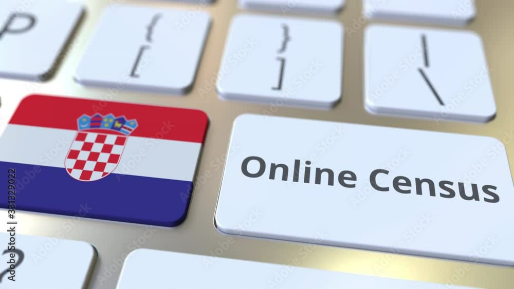 Poster online census text and flag of croatia on the keyboard. conceptual 3d animation