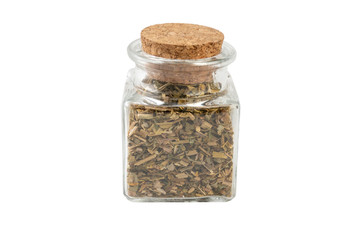 celandine or in latin Chelidonii harba  in a glass jar isolated on white background. medicinal healing herbs. herbal medicine. alternative medicine