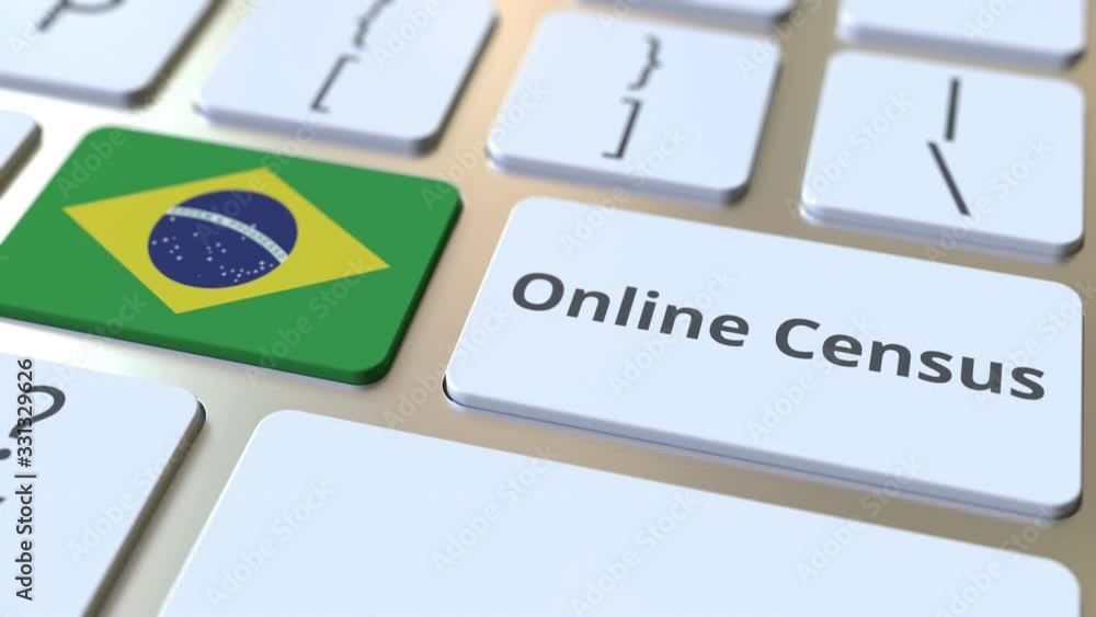 Poster online census text and flag of brazil on the keyboard. conceptual 3d animation