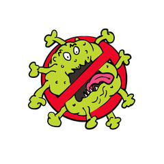 Cartoon style illustration of a sign or symbol that says ban, stop coronoavirus or  COVID-19 being stamp out and prohibited on isolated white background.