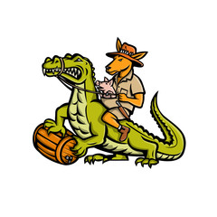 Mascot icon illustration of a Australian outback kangaroo with pig in pouch riding a crocodile or croc holding a beer barrel  viewed from side on isolated background in retro style.