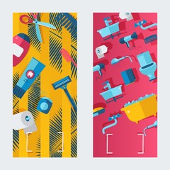 Face care and body wash, poster with razor, shower gel, toilet paper, scissors, bath, toilet flat vector illustration. Design hygiene banner, bathroom stuff item, advertisement flyer.
