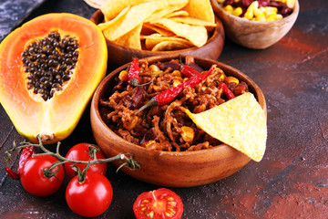 Hot chili con carne. mexican food tasty and spicy.