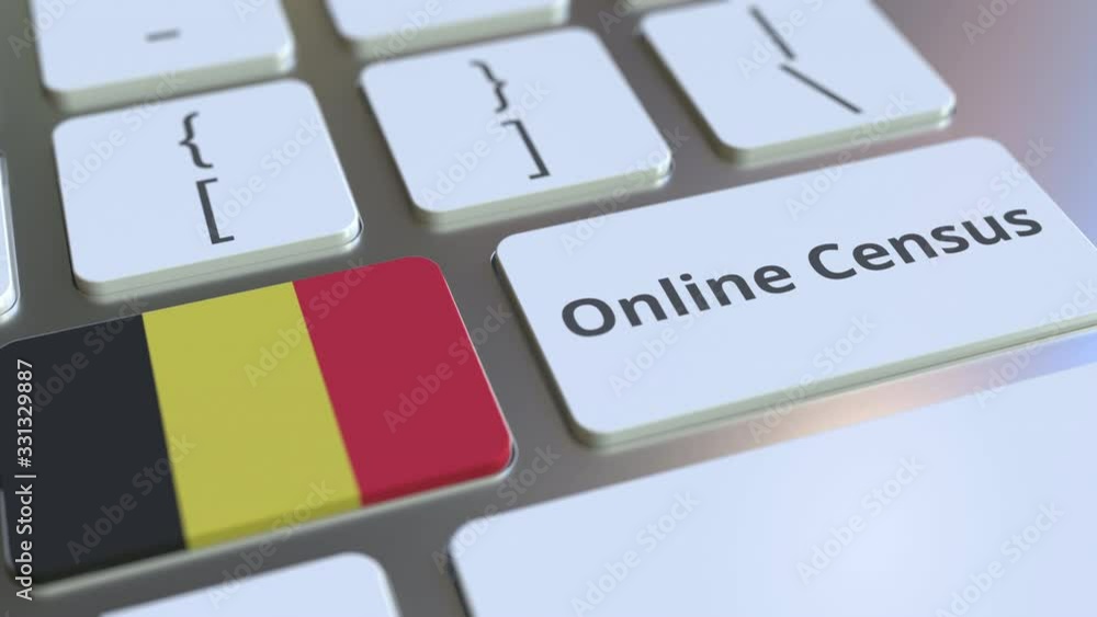 Poster online census text and flag of belgium on the keyboard. conceptual 3d animation