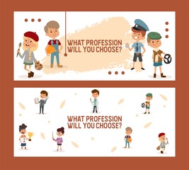 What profession will you choose Banner for school and kindergarten, working profession character child flat vector illustration. School job fair, kid choose future specialty, occupation.