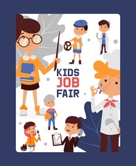Kid job fair, banner for school and kindergarten, working profession driver, teacher, economist, artist, farmer vector illustration. Flat character child choose future specialty, occupation.