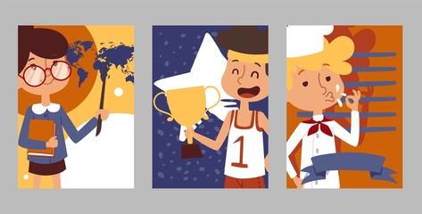 Character children championship of work, chef, teacher, sportsmen with cup design vector illustration. Winner in flat kid profession fair competition, banner, poster for website.