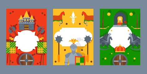 Chivalric business banner, knight poster style for website, flat vector illustration. Place for company, firm name text. Heraldic badge, knight armament, chivalric weapon and castle.