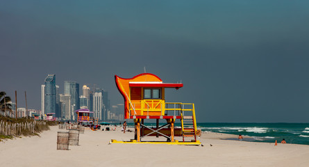 Colorful lifeguard towers in Miami Beach
