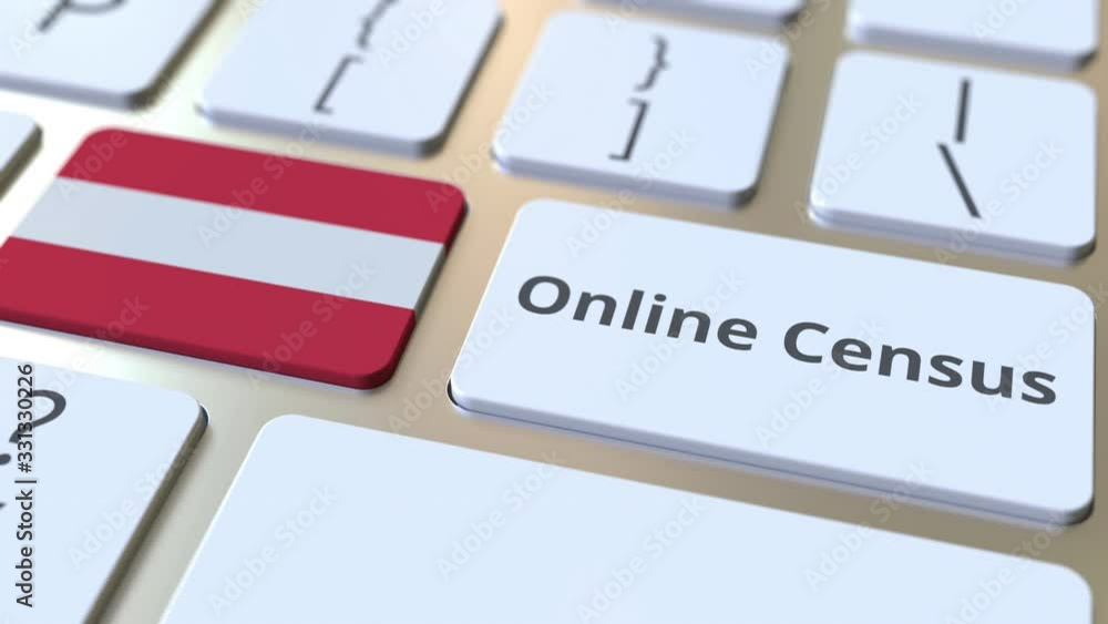 Poster online census text and flag of austria on the keyboard. conceptual 3d animation