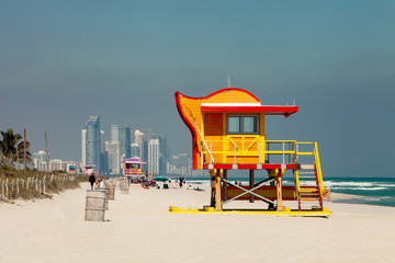 Colorful lifeguard towers in Miami Beach