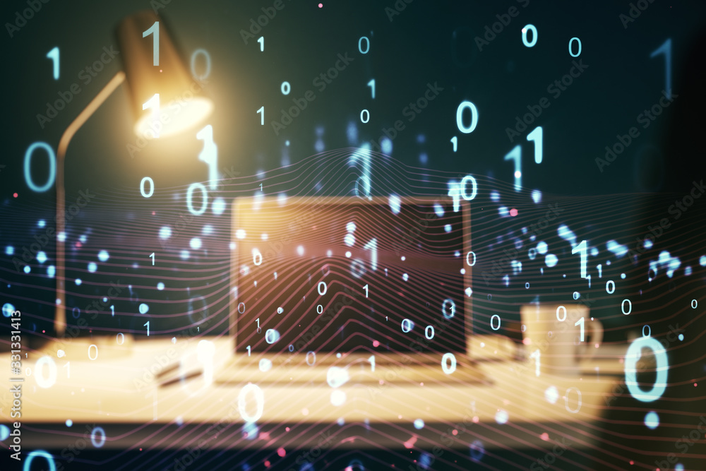 Poster creative abstract binary code sketch on modern laptop background, hacking and matrix concept. multie