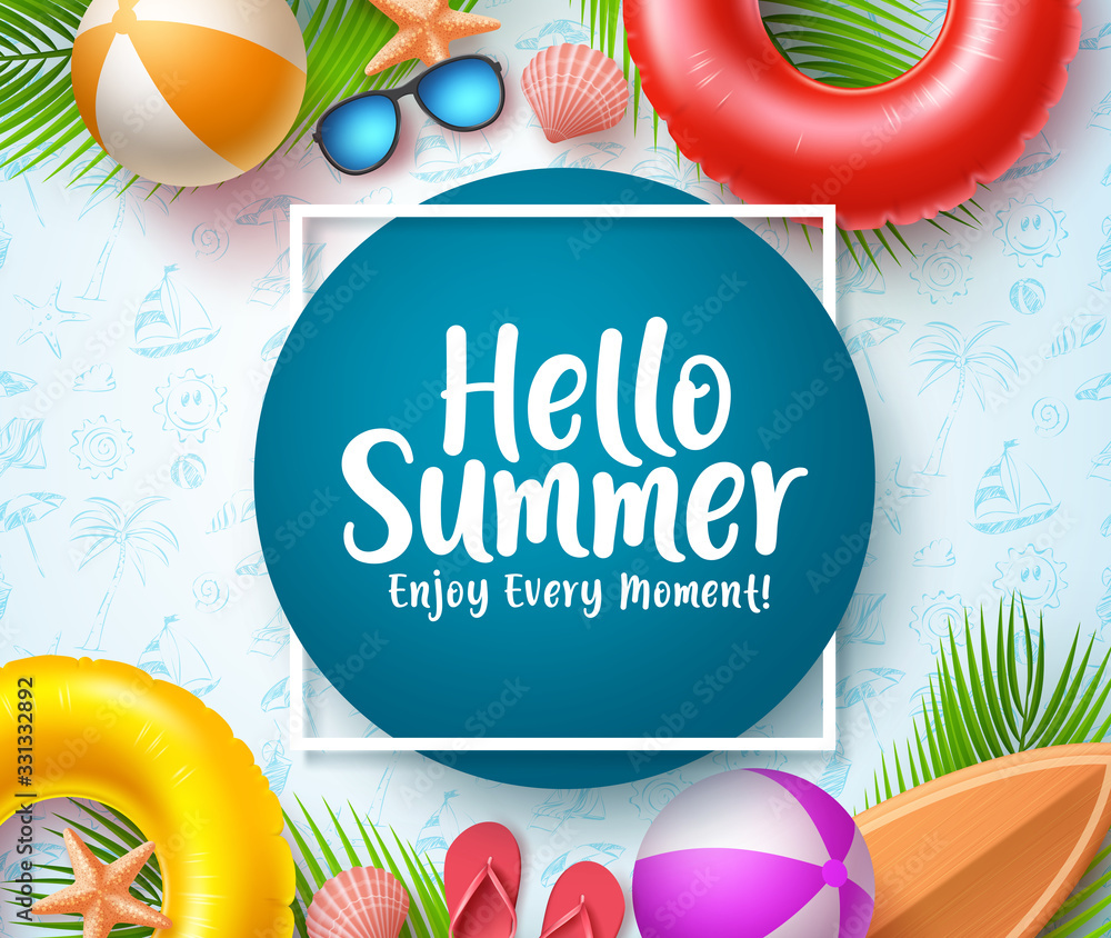 Poster hello summer vector banner template. hello summer typography in blue circle space for text with beac