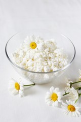 Homemade cottage cheese and cream in glassware. on a white background. Soft focus. Copy Space
