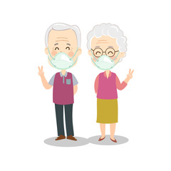 Older Cople wear N95 Face Mask Vector