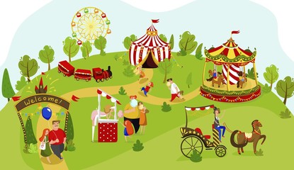 Happy family together in amusement park, summer funfair, vector illustration. Cartoon characters, parents and children having fun in amusement park. Kids, mom and dad enjoy holiday fairground, people