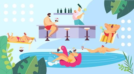 People relaxing at pool near bar, summer vacation resort, vector illustration. Men and women at pool party, cartoon characters. Summer leisure in luxury hotel bar. People swimming, drinking cocktails