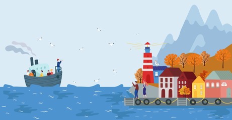 Boat arriving to Scandinavian seaside town, vector illustration. Cute houses, autumn hill and mountains. People on promenade greeting passengers, cartoon character in nordic town. Lighthouse, seagulls © Seahorsevector