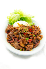 Stir fried with pork and vegetables sprinkle sesame seeds