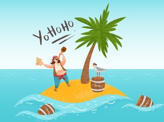 Pirate say yo ho ho on island drink alcohol, rum, seagull sit on barrel, palm tree flat vector illustration. Design lonely criminal, buccaneer male character on isle, web banner, template.