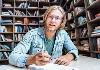Male online tutor english teacher job applicant looking at camera teaching student web class online...