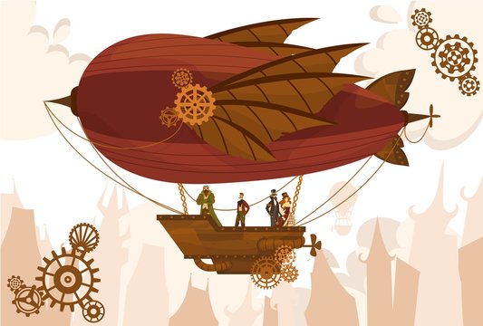 Team characters on balloon, steampunk airship, flat vector illustration. Air transport, gears, vintage, antique design web banner, template. Silhouette background old city, cloud sky.