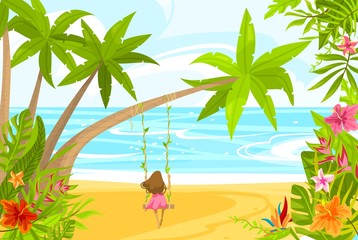 Character girl relax on tropical island, female swinging on tree, flat vector illustration. Travel, trip gift card and poster, design paradise valley with palm tree, leaf, sea, ocean.